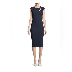 THEIA Cap-Sleeve Crepe Cocktail Sheath Dress w/ Asymmetric Keyhole black size 10